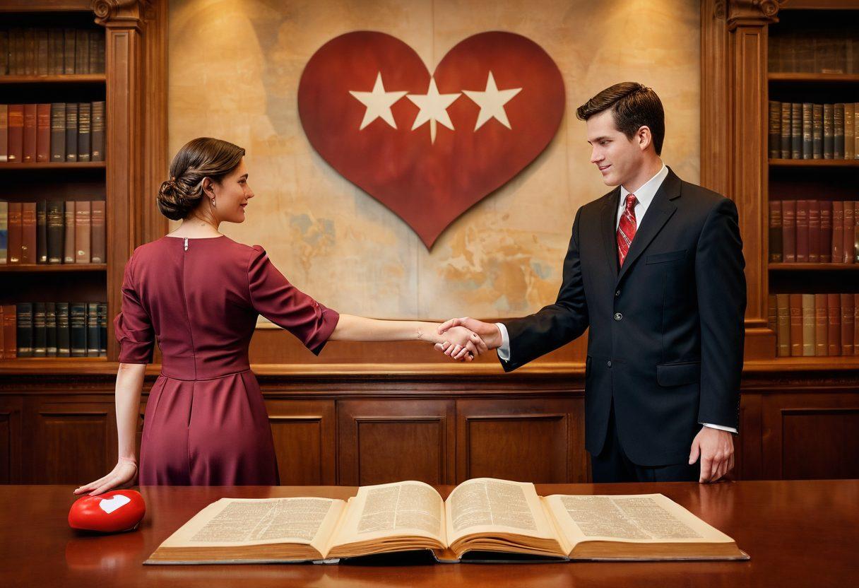 A couple holding hands in a courtroom setting, surrounded by legal books and Texas state symbols. A backdrop features a heart shaped like the state of Texas, merging love and law. Soft warm lighting creates an inviting atmosphere while subtle legal symbols float in the air. super-realistic. vibrant colors. warm tones.