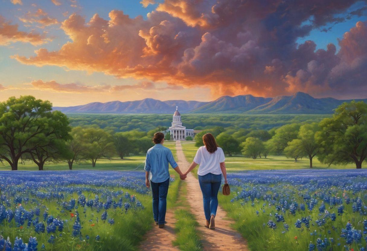 A vibrant scene depicting a diverse couple gently holding hands amidst the backdrop of Texas landscapes, such as rolling hills and bluebonnets. In the distance, a modern courthouse symbolizes legal services, while subtle heart shapes blend into the clouds above, representing romance. The atmosphere should evoke a sense of hope and resolution. super-realistic. vibrant colors. delicate pastel tones.
