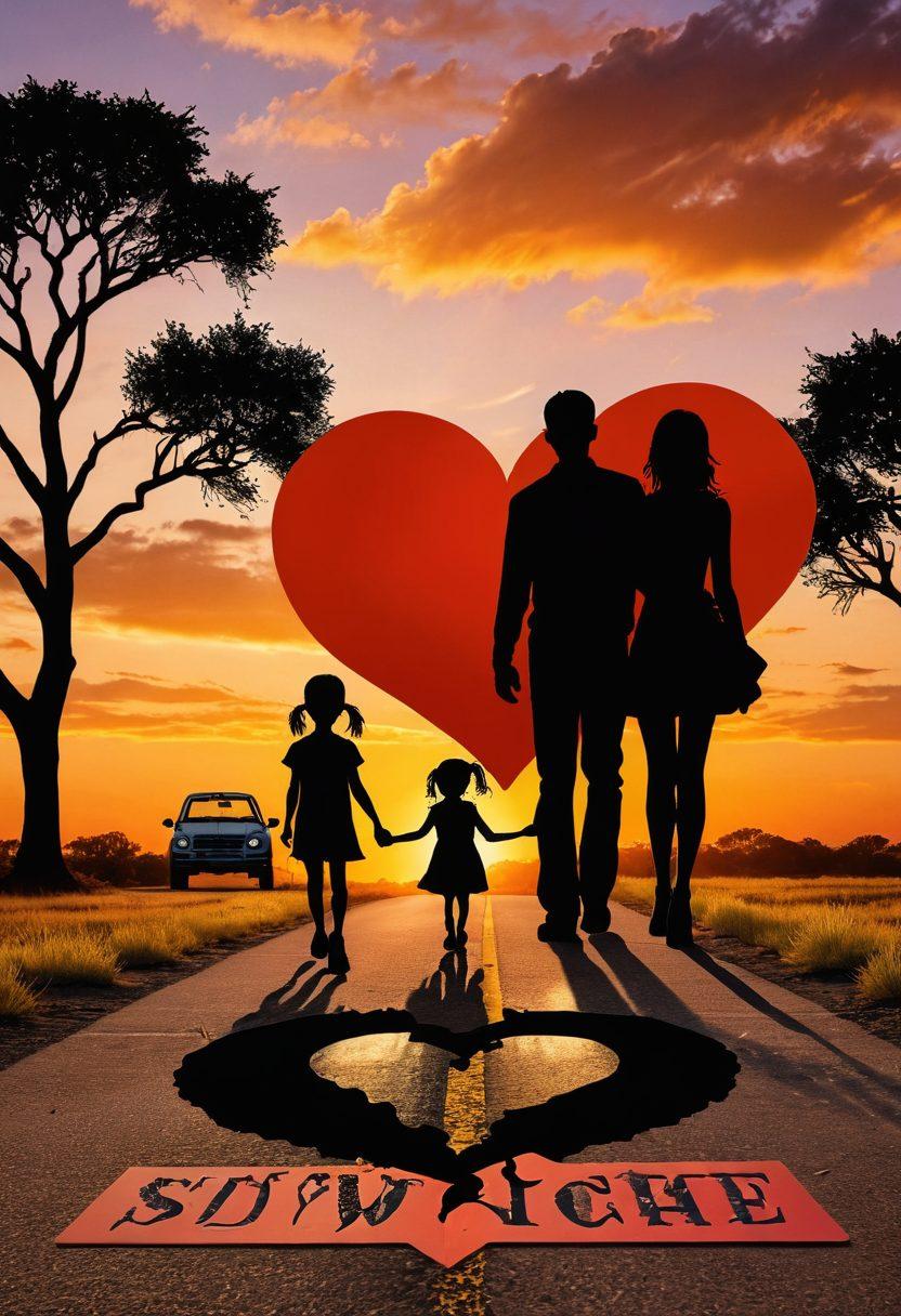 A serene Texas landscape featuring a broken heart-shaped road sign symbolizing divorce, surrounded by judicial scales balanced by children's toys and books. To the side, a silhouette of a family holding hands, walking toward a bright horizon. The background should reflect a warm sunset, representing hope and new beginnings. super-realistic. vibrant colors.